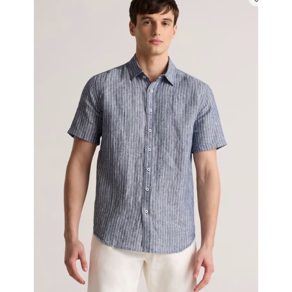 Quince Linen Button Up Shirt Mens M Chambray Stripe Short Sleeve Frat Boy